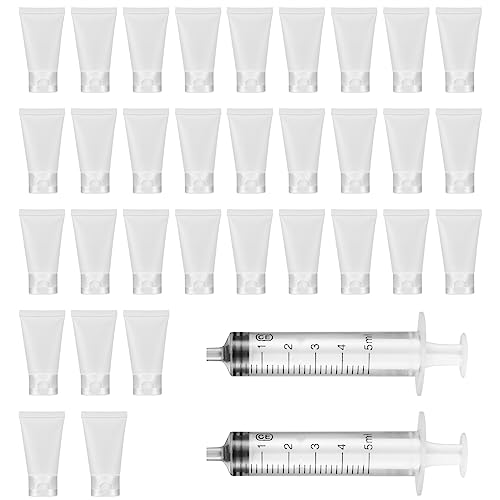 32 Piezas Tubos Vacíos Rellenables de Plástico Transparentes, 30ml Tubos Recipientes Botellas Contenedor para Muestras Cosméticos Tarros Maquillaje Viaje Bálsamos