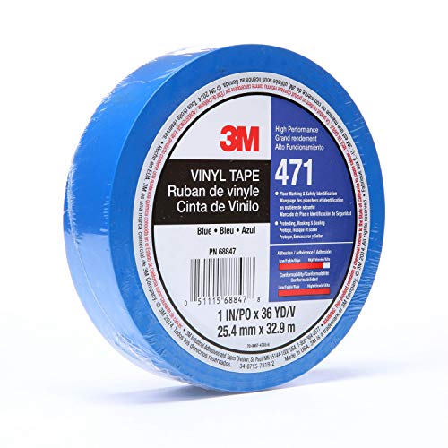 3M Cinta de vinilo 471, 1 pulgada x 36 yardas, azul, 1 rollo, alternativa de pintura para marcar el suelo, distancia social, codificación de color, marca de seguridad