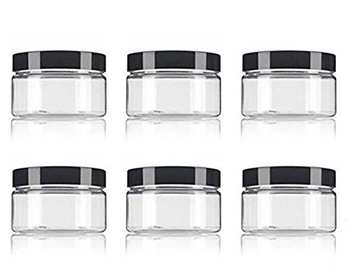 6 Pcs Tarro de plástico de Polietileno Transparente (sin BPA) rellenable de bajo Perfil 250 ml contenedores vacíos con Tapa Negra para bálsamo Labial Maquillaje Sombra de Ojos Polvo Crema