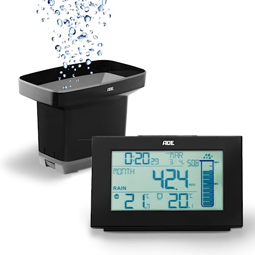 ADE Pluviómetro WS1907 (Estación meteorológica con pluviómetro para el jardín con Sensor de Radio, termómetro para Interior y Exterior, Radio Reloj Digital con Despertador), Negro