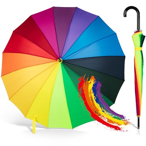 ADRIANO PORCARO® - Paraguas automático de bastón color arco iris de 100 cm de diámetro resistente al viento, 16 varillas, gran resistencia a las tormentas y al viento, arco iris, XXL
