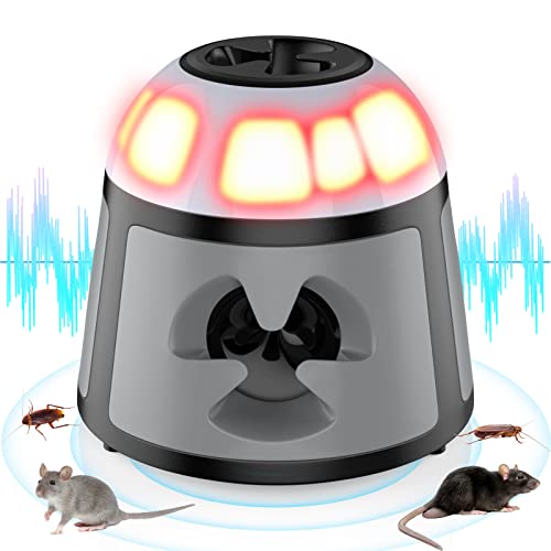 Ahuyentador de Ratas, Ultrasonido contra Ratones 360° Ahuyentador de Topos con Luz LED Repelente Ultrasónico de Plagas Enchufables Roedores Ahuyentador Cucarachas para Jardín