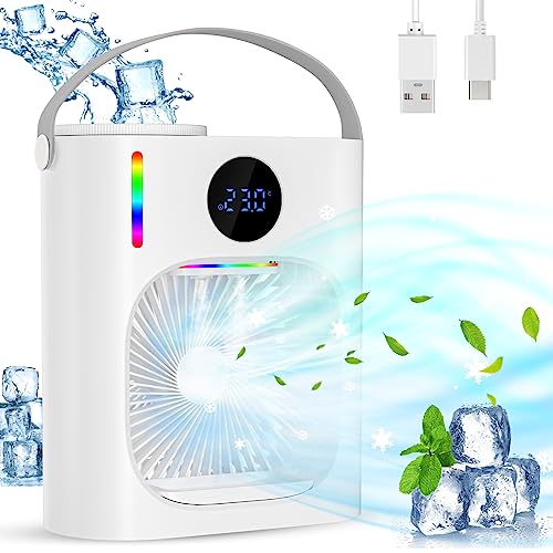 Aire Acondicionado Portatil, GuKKK 4 en 1 Mini Refrigerador de Aire Móvil Ventilador, 900ML Enfriador de Aire, USB Mini Ventilador Aire Acondicionado, 3 Velocidades de Ventilador, para Hogar, Oficina