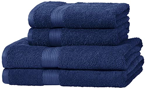 Amazon Basics - Juego toalla de baño (2 baños y 2 manos), 100% algodón 500 g / m², Azul (Royal Blue), 140 x 70 cm, Paquete de 4