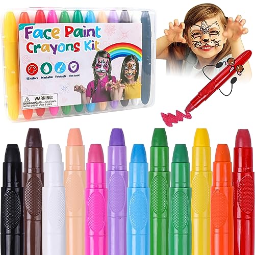 AnJeey 12 Colores de Crayones de Pintura de Cara para Niños, Lavables, Giratorios, Seguros y No Tóxicos, Pintura facial Cosplay para Fiestas de Cumpleaños, Pascua, Carnaval y Halloween