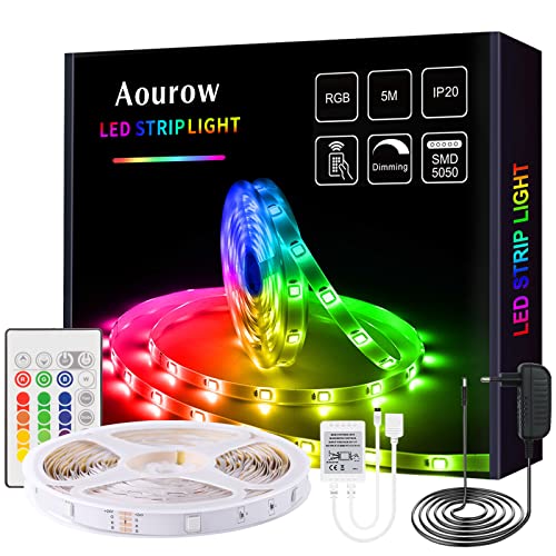 Aourow Tira LED 5m RGB,Tiras LED Flexible con Control Remoto de 24 Teclas y Adaptador,LED Strip Multicolor 5050 SMD con Autoadhesivo para Decoración,No Impermeable