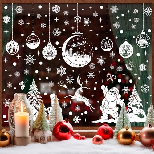 AOUVT 260 Pcs Pegatinas de Ventanas Electrostáticas Navideñas, PVC Pegatinas Navideñas, Impresión a Doble Cara, Adhesivos para Ventanas Reutilizables, Papá Noel, Copos de Nieve, Renos - 9 Hojas