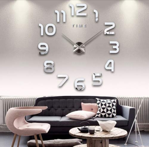 Asvert Reloj de Pared 3D Grande Silencioso DIY de Material Acrílico con Números Adhesivos (Efecto de Espejo) y Agujas EVA para Decoración de Hogar (Número de Plata)