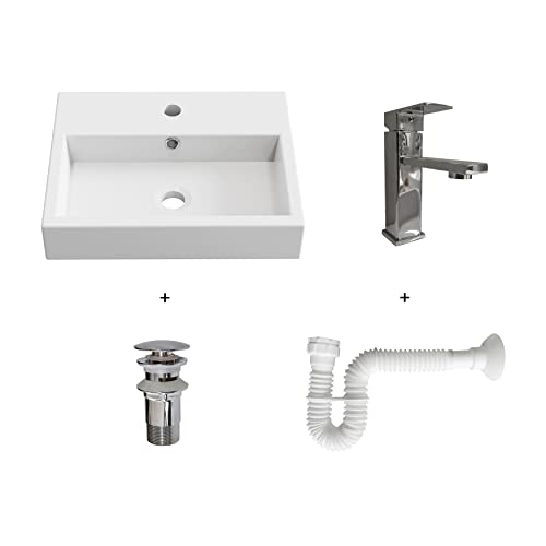 BAIKAL Pack solución para baño con lavabo y complementos. Incluye: lavabo cerámico, Grifo, Sifón extensible y Válvula de desagüe con rebosadero. Fácil instalación, se incluyen las instrucciones