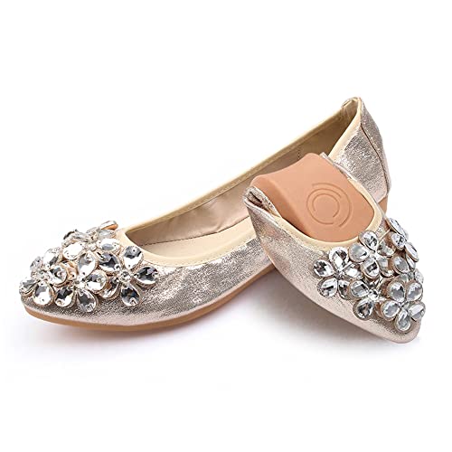 Bailarinas Plegables Mujer con Diamantes de imitación Boda Plano Elegante Suave Zapatos de Trabajo, Bodas de Negocios, Informales