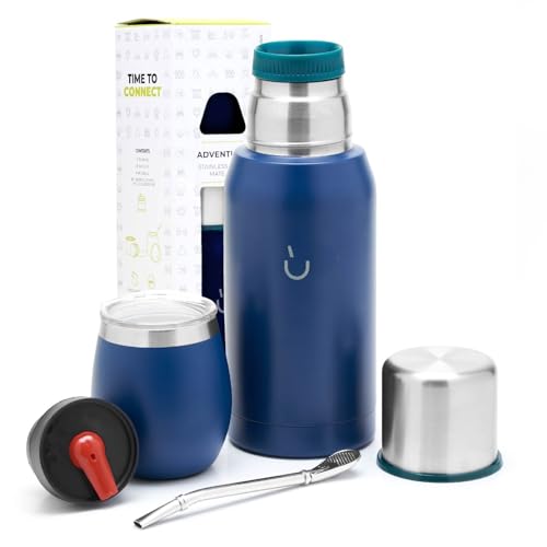 balibetov Kit Mate Argentino de 6 piezas - Incluye Mate de acero con Tapa, Bombilla y Termo Mate con 2 Tapones Pico Cebador - Facil de Lavar, Apto Lavavajillas. (Azul)