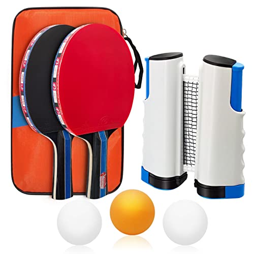 Baozun Juego de raquetas de ping pong de mesa con 2 raquetas de ping pong, 3 pelotas, red extensible y bolsa