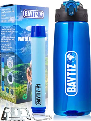 Baytiz- Botella de Agua con Filtro Purificador sin BPA - Paja de Supervivencia de Carbón Activado Filtros Purificadores Accesorios Pastillas Potabilizadoras Filtrada Potabilizador Deporte Grifo Water