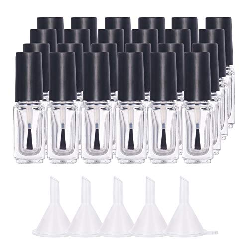 BENECREAT 24 Pack 5ml Botella Vacía de Vidrio Transparente de Esmalte de Uñas con Tapa de Cepillo 5 PCS Embudos Contenedor Cristal de Esmalte de Uñas para Esmalte de Uñas DIY