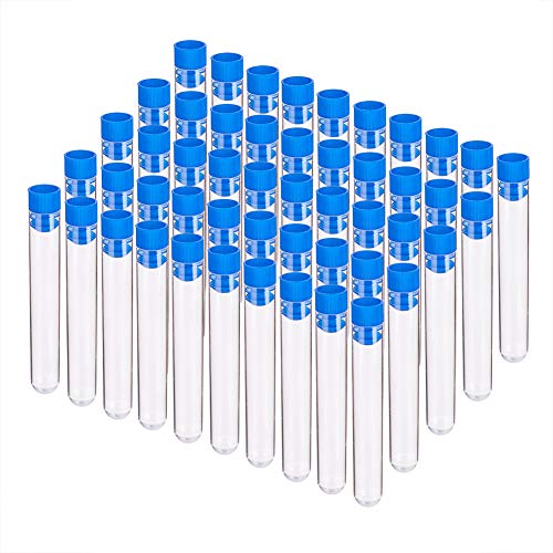 BENECREAT 50 Pack 10ml Tubos de Ensayo de Plástico con Azules Tapas Espiral Botella de Ensayo con Escala Recipiente de Líquedo y Cosas Pequeñas 1.6x10cm
