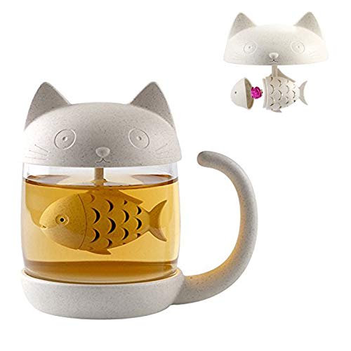 BigNoseDeer Linda taza de té de cristal de gato, Taza De Agua Bottle con infusor de té en forma de pez, Colador Filtrar Taza de café 250ML (8OZ)