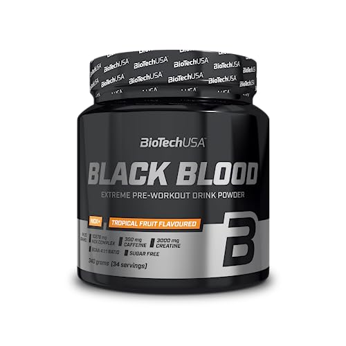 BioTechUSA Black Blood NOX+, Bebida en polvo sin azúcar pre-entrenamiento extremo, con complejo NOX+, creatina, BCAA, cafeína, 340 g, Fruta tropical