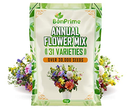 BonPrime Semillas Flores de Jardin Anuales Mixtas - Semillas Flores Silvestres de Crecimiento Rápido para Polinizadores - Más de 30.000 Semillas, 31 Variedades - Incluye Guía - 15g 100% Sin RELLENO