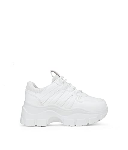 BOSANOVA Zapatillas con Total Look Blanco, Detalle de Trekking en los Cordones y Ligera Suela de Plataforma de 6,5 cm. Cierre con Cordones. Calzado para Mujer Blanco 40