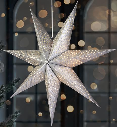 BRUBAKER 60 cm Estrella de Navidad de Papel para Colgar - Estrella de Adviento LED para Decoración Navideña - Estrella de Papel 3D con Función Temporizador - Iluminable con Batería - Plateada