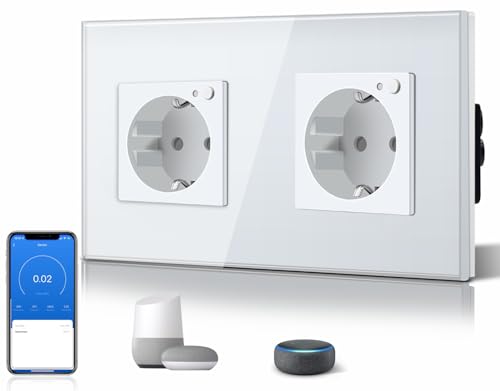 BSEED Enchufe Inteligente WIFI,16A Compatible con Alexa y Google Home,Enchufe Vidrio con Monitor de Energía,2 Enchufes Control Remoto y de Voz y Función de Temporizador 2.4 GHz Blanco