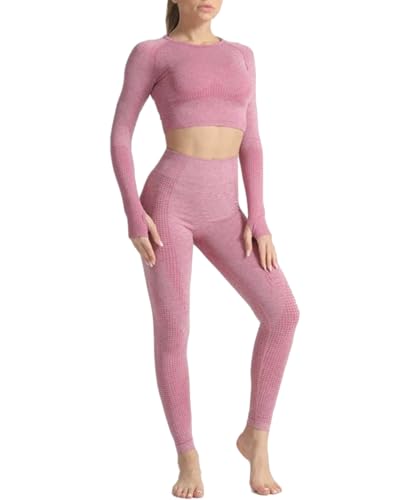 C K CrisKat Conjunto Yoga 2 y 3 Piezas para Mujer, Conjunto Deportivo Pantalones de Yoga de Cintura Alta Súper Elásticos Conjunto de Ropa Deportiva sin Costuras (Set 2 Rosa, M)