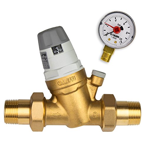 Caleffi Reductor de presión de agua 3/4 pulgadas DN20 reductor de presión para agua con cartucho intercambiable y manómetro, válvula reductora de presión, regulador de presión 535051, latón