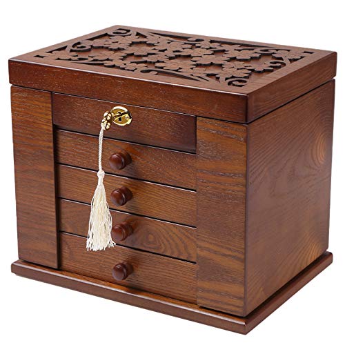 Changsuo Joyero de madera para mujer, caja organizadora de madera maciza con cerradura combinada para joyas, relojes, collares, anillos, caja de almacenamiento (marrón oscuro), grande