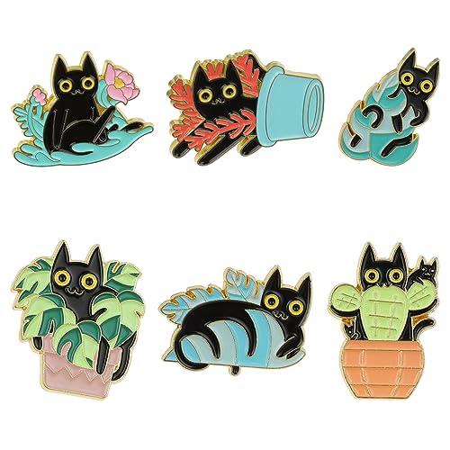 cobee Lindos pines esmaltados de gato, 6 piezas de gatos de dibujos animados ocultos en plantas en maceta, broches de solapa, novedosos pines de solapa de anime, gato negro, insignias punk, botón para