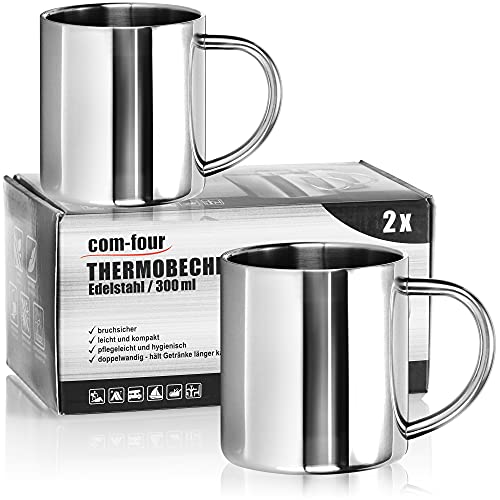 COM-FOUR® 2x taza térmica aislante de doble pared de acero inoxidable - 300 ml - taza de de camping irrompible para beber café - sin BPA (300ml)