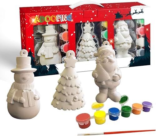 COMFOX Pinta tus propias figuras para decorar tu propio juego de pintura, kit de manualidades de yeso para niños (árbol de Navidad, Papá Noel, muñeco de nieve)