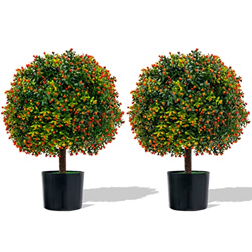 COSTWAY 2 Árbol de Boj Artificial Topiario de Bola de 55cm, Conjunto de 2 Plantas Falsas en Maceta con Frutas Naranjas y Base de Cemento, Planta Decorativa de Boj para Uso Interior y Exterior