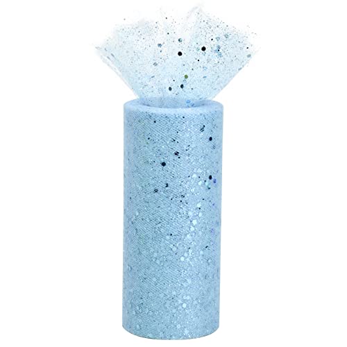 Cozlly 14.8cm x 25 Yards Tela Tul con Lentejuelas, Rollo de Tul Purpurina, Tela de Tul con Brillo, Tela Tul Carrete para Fiestas de Cumpleaños, Regalos, Bodas, Decoraciones, Lazos (Azul Claro)