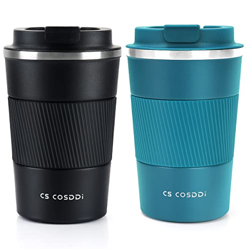 CS COSDDI Tazas de viaje, paquete de 2 tazas de café aisladas con tapa a prueba de fugas, tazas de café reutilizables de viaje, taza de café para coche(azul + negro)