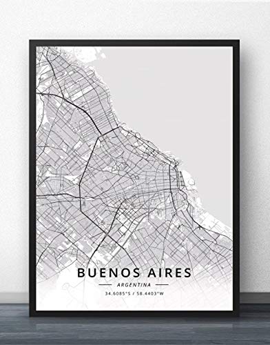 Cuadro Sobre Lienzo,Buenos Aires Argentina City Map Wall Art Pictures Large Posters Prints Modern Black And White City Rectangle Paintings Pop Murals Artwork For Home Decor,30X40Cm/11.81X15.74 In