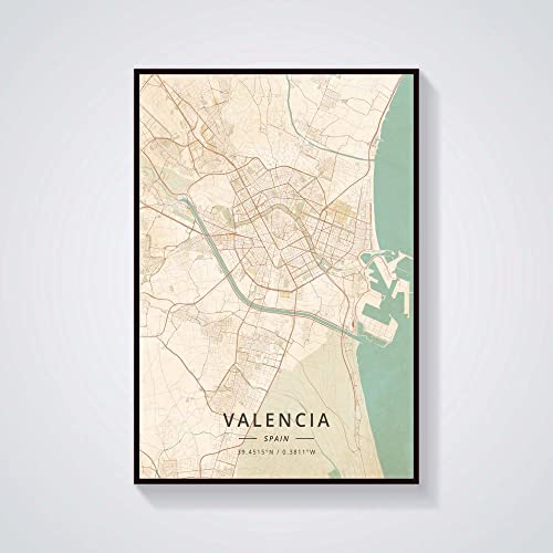 Cuadro Sobre Lienzo,Valencia España Mapa De La Ciudad Impresiones Carteles Pintura Mural Colorido Arte Pintura Rectángulo Arte Pop Para Sala De Estar Dormitorio Decoración Del Hogar, 50X70Cm / 19.