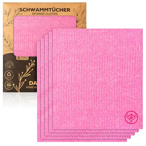 DANIHOME® Juego de 5 paños de esponja premium en color rosa, versátiles en la cocina y el hogar, sostenibles, lavables, reutilizables, paños de cocina y paños en uno, para los amantes de la limpieza