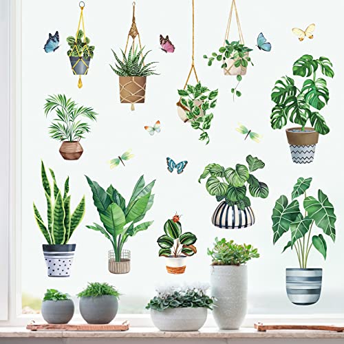 decalmile Pegatinas de Ventana Plantas en Macetas Vinilos para Ventanas Plantas Verdes Mariposas Anticolisión Vinilo No Adhesivo de Pegatinas Vidrio Ventana