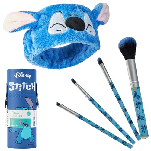 Disney Sets de Brochas para Maquillaje Stitch Pinceles de Maquillaje con Estuche de Viaje Regalos de Lilo y Stitch Mujer (Azul)