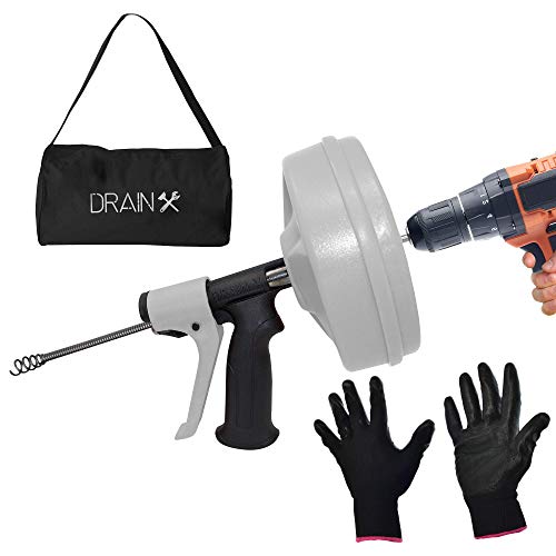 DrainX SPINFEED - Barrena de tambor de 50 pies, uso manual o alimentado por taladro, extensión y retracción automática, serpiente de fontanería, guantes de trabajo y bolsa de almacenamiento incluidos