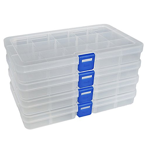 DUOFIRE Ajustable Caja de Almacenamiento de plástico Joyería Organizador Contenedor de Herramientas (15 Compartimientos x 4, Transparente)