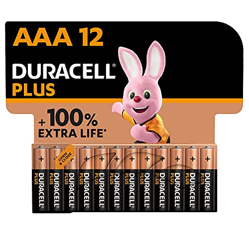 Duracell Plus pilas AAA (pack de 12) - Alcalinas 1,5 V - Hasta 100 % extra duración - Fiabilidad para dispositivos cotidianos - Embalaje sin plástico - 10 años de almacenamiento - LR03 MN2400