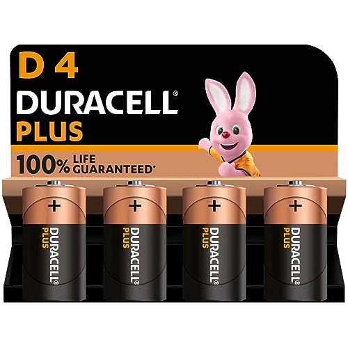 Duracell Plus pilas D (pack de 4) - Alcalinas 1,5 V - 100 % de duración garantizada - Fiabilidad para dispositivos cotidianos - Embalaje sin plástico - 10 años de almacenamiento - LR20 MN1300