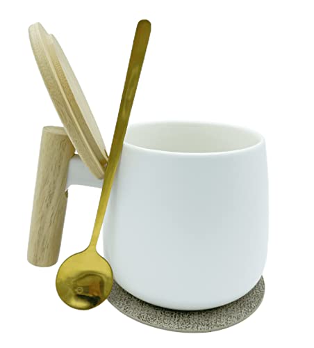 EeAaSsTy tazas de té de cerámica, tazas de café, tazas de leche, tazas de té para la oficina y el hogar, tazas de 400 ml con tapas y cucharas, regalos de inauguración para nuevos hogares (Blanco)