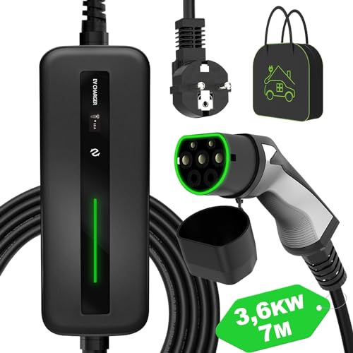 EIDYBOX Cargador EV Tipo 2 Cable de Carga Coche Electrico 10A/16A Conmutable con Enchufe Schuko, 3.68KW, 7M con Bolsa, Pantalla LCD, Wallbox Portatil para EV y PHEV