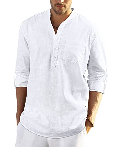 Enlision Hombre Verano Camisa de Lino Camisa Ajustada de Color Liso Camisa con Cuello en V Blusa de Moda con Botones T-Shirt Informal Blanco 2XL