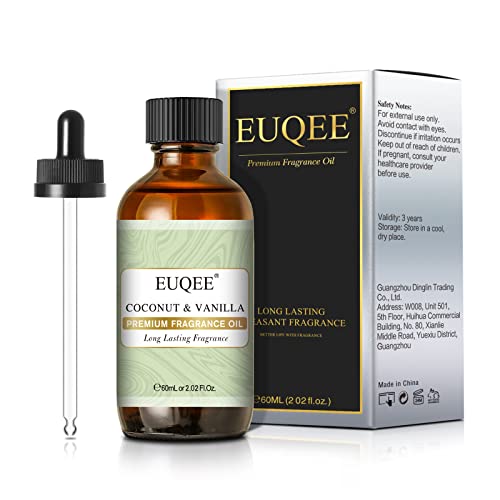 EUQEE Aceite Esencial Coco Vainilla 60ml, Aceites Esenciales para Humidificador, Aceite de Vainilla de Coco Aceite Perfumado para Aromaterapia, Relajación, Velas