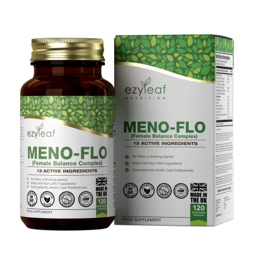 Ezyleaf Suplemento para la Menopausia con Hoja de Salvia, Agnus Castus, Trébol Rojo, Isoflavonas de Soja, Dong Quai 120 Cápsulas | Meno-Flo + Citrato de Magnesio, Ñame Silvestre y Ashwagandha