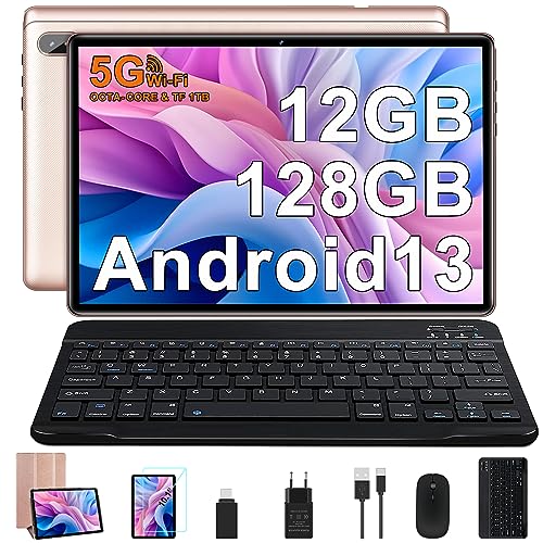 FACETEL Tablet 10 Pulgadas Android 13 Tablet Octa-Core 2.0 GHz, 12GB RAM + 128GB ROM (1TB TF) | 5G WiFi | Bluetooth 5.0 | Cámara 5MP+8MP | HD IPS | Navidad Tablet con Teclado y Raton, Funda - Oro Rosa