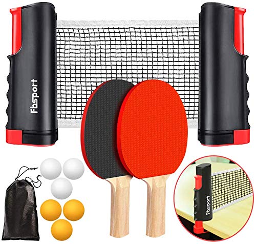 FBSPORT Sets de Ping Pong,Juego de Tenis de Mesa, Juego de Ping Pong,2 Raquetas de Tenis de Mesa,6 Pelotas de Ping-Pong,1 Red de Tenis de Mesa retráctil,1 Bolsa de Malla, para niños Adultos
